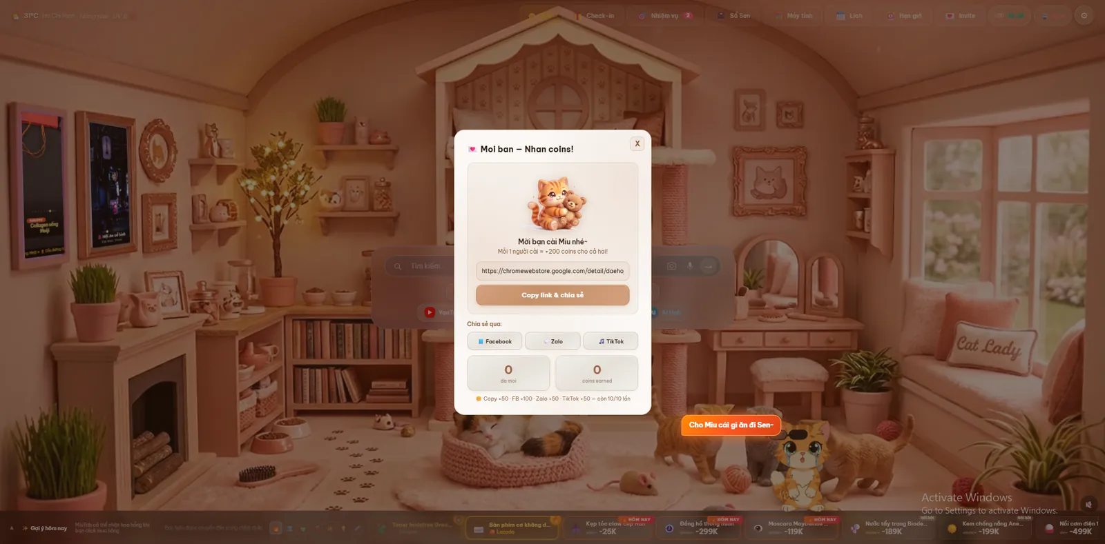 Popup Mời bạn nhận coins — Mỗi 1 người cài = +200 coins cho cả 2, share Facebook/Zalo/TikTok